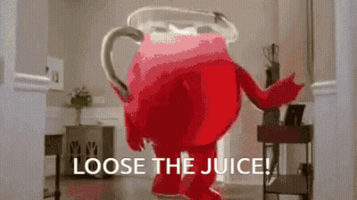 A Person In A Red Costume Is Standing In A Room With The Words `` Loose The Juice '' . GIF