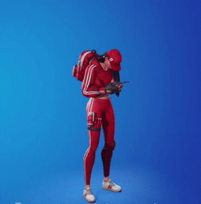 A Person In A Red Outfit Is Holding A Gun With A Strawberry Cake Coming Out Of Their Head GIF