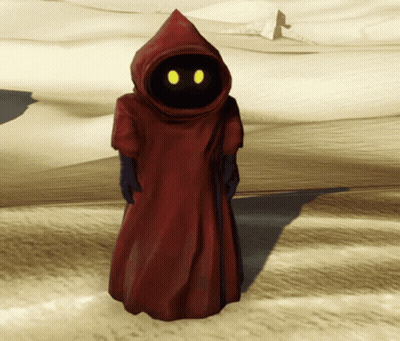 A Person In A Red Robe With A Black Head And Yellow Eyes GIF