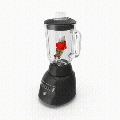 A Person In A Red Shirt Is Standing Inside Of A Blender GIF
