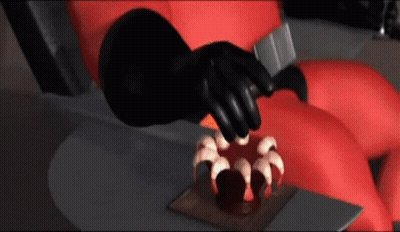 A Person In A Red Suit Is Sitting In A Chair And Eating Something GIF