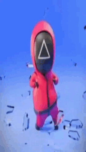 A Person In A Red Suit With A Triangle On Their Face Is Standing On A Blue Background . GIF