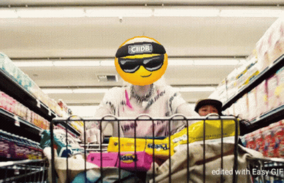A Person In A Shopping Cart With A Smiley Face On Their Head That Says ' Clipb ' On It GIF