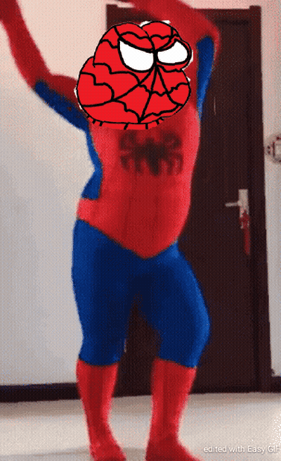 A Person In A Spiderman Costume Is Dancing In Front Of A Door With The Words Edited With Easy Gif At The Bottom GIF
