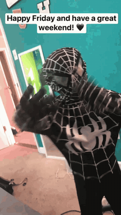 A Person In A Spiderman Costume Says " Happy Friday And Have A Great Weekend ! " GIF