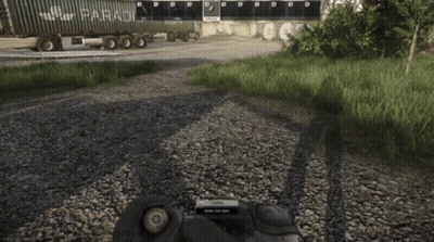 A Person In A Video Game Is Holding A Bullet In Their Hand In Front Of A Truck That Says " Paradox " GIF