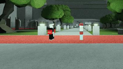 A Person In A Video Game Is Standing In Front Of A Building With Trees And A Sign That Says " Blackhat Static " GIF