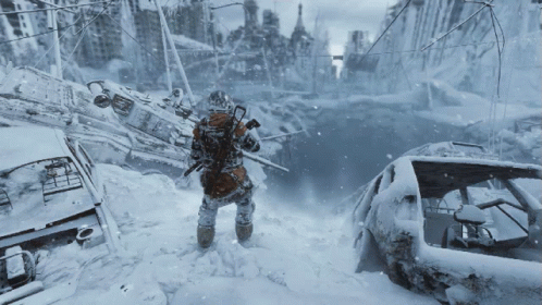 A Person In A Video Game Is Walking Through A Snowy Area With A Car In The Background GIF