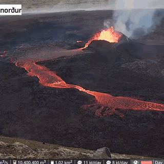 A Person In A Yellow Jacket Stands In Front Of A Volcano That Is Erupting GIF
