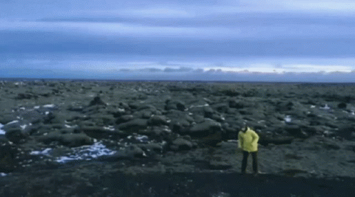 A Person In A Yellow Jacket Stands On A Rocky Beach GIF
