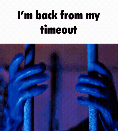 A Person In Blue Gloves Holding A Pole With The Words I 'M Back From My Timeout On The Bottom GIF