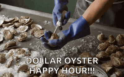 A Person In Blue Gloves Is Cutting An Oyster With The Words Dollar Oyster Happy Hour GIF