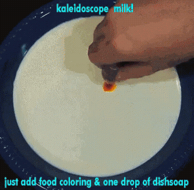 A Person Is Adding Food Coloring To A Bowl Of Milk With The Words Kaleidoscope Milkd Just Add Food Coloring & One Drop O GIF
