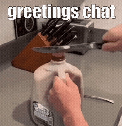 A Person Is Cutting A Bottle Of Milk With A Knife That Says Greetings Chat On The Bottom GIF