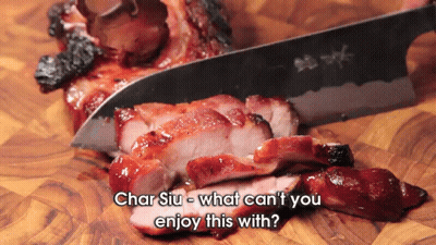 A Person Is Cutting A Piece Of Meat With The Words Char Siu What Can T You Enjoy This With GIF