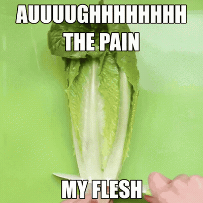 A Person Is Cutting Lettuce With The Words " The Pain My Flesh " On The Bottom GIF