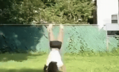 A Person Is Doing A Handstand In A Field . GIF