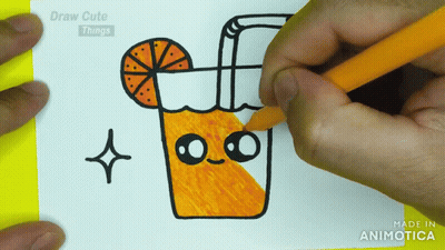 A Person Is Drawing A Cup Of Orange Juice With A Face GIF