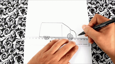A Person Is Drawing A Van On A Ruler With A Pen GIF