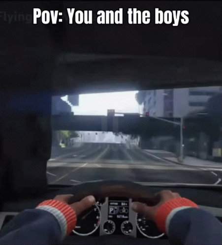 A Person Is Driving A Car With The Words Pov : You And The Boys On The Screen GIF