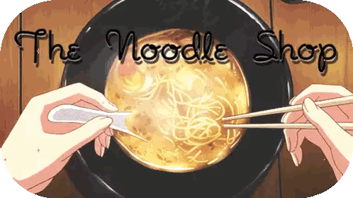 A Person Is Eating A Bowl Of Noodles With Chopsticks And The Words The Noodle Shop Below Them Sticker