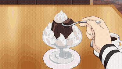 A Person Is Eating A Dessert With A Spoon And A Cup Of Coffee GIF