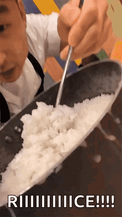 A Person Is Eating Rice With A Spoon In A Bowl With The Words Riiiiiiice !!! Below It GIF