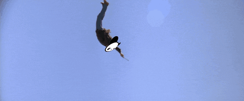 A Person Is Falling Upside Down In The Air With A Panda Head On Their Head GIF