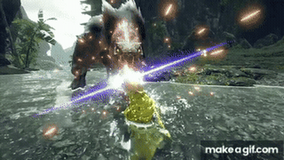 A Person Is Fighting A Monster In A Video Game While Standing In The Water . GIF