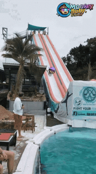 A Person Is Going Down A Water Slide With A Sign That Says Fight Your Monkey GIF