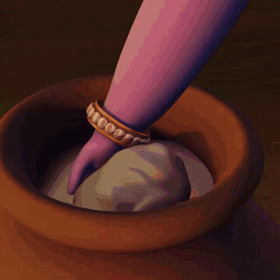 A Person Is Holding A Ball Of Dough Over A Brown Bowl GIF