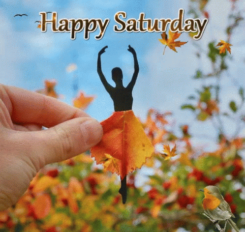 A Person Is Holding A Ballerina Cut Out Of A Leaf With The Words Happy Saturday Written On It GIF