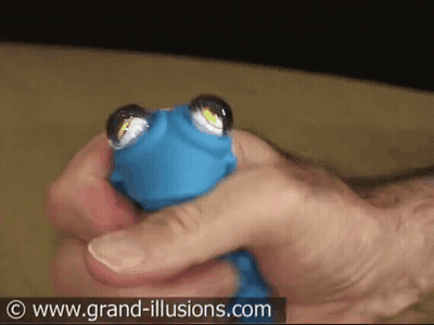 A Person Is Holding A Blue Toy With Googly Eyes And The Website Grand-Illusions.com Is Visible In The Background GIF