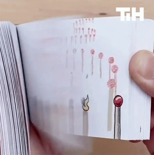 A Person Is Holding A Book Open To A Page With A Drawing Of Matches And The Letters Th On It GIF