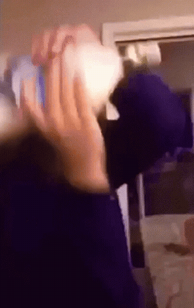 A Person Is Holding A Bottle In Their Hand In A Room . GIF
