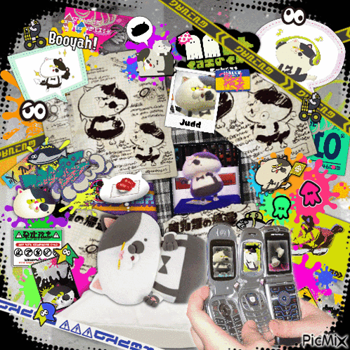 A Person Is Holding A Cell Phone In Front Of A Bunch Of Stickers With One That Says Booyah On It GIF