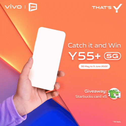 A Person Is Holding A Cell Phone That Says Catch It And Win Y55+ 5G GIF