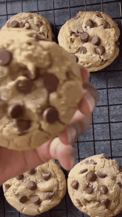 A Person Is Holding A Chocolate Chip Cookie In Front Of A Cooling Rack GIF
