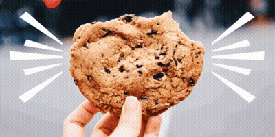 A Person Is Holding A Chocolate Chip Cookie In Their Hand GIF