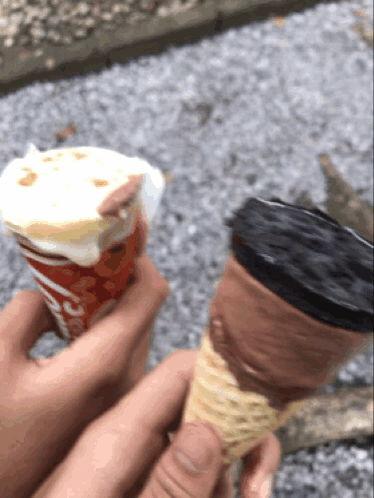 A Person Is Holding A Cup Of Ice Cream Next To A Chocolate Cone GIF