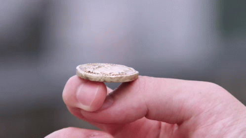 A Person Is Holding A Gold Coin On Their Finger GIF
