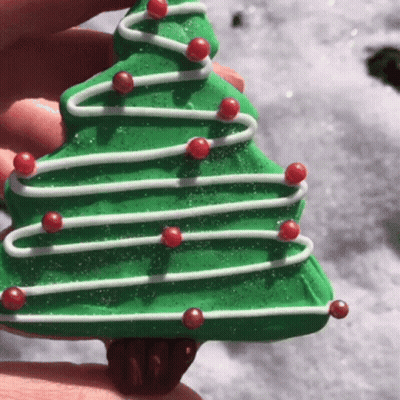 A Person Is Holding A Green Christmas Tree With Red Berries And White Frosting GIF