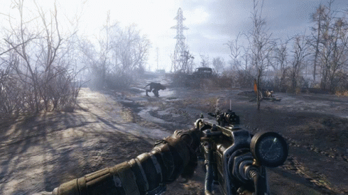 A Person Is Holding A Gun In A Video Game With A Dog In The Background GIF