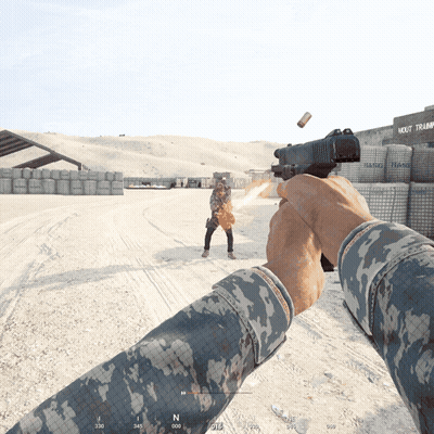 A Person Is Holding A Gun In Front Of A Building That Says Next Train GIF