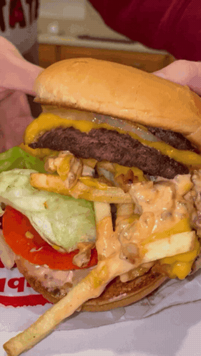 A Person Is Holding A Hamburger With French Fries And Lettuce On It GIF