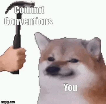 A Person Is Holding A Hammer Over A Dog That Says `` Commit Conventions '' . GIF