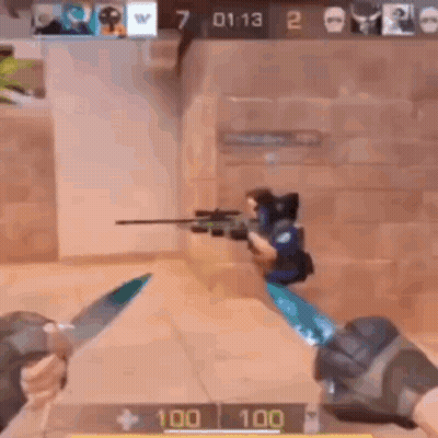 A Person Is Holding A Knife In A Video Game While Another Person Is Holding A Rifle . GIF