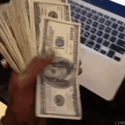 A Person Is Holding A Large Stack Of Money In Front Of A Laptop . GIF