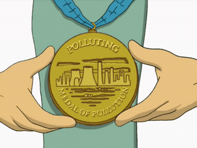 A Person Is Holding A Medal That Says Polluting On It GIF