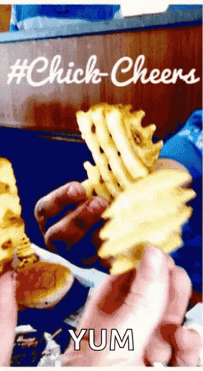 A Person Is Holding A Piece Of French Fries In Front Of A Sign That Says #Chick-Cheers GIF